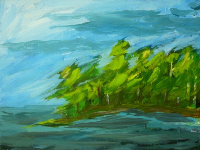whiteshell wind water island sky landscape painting 12 by 16